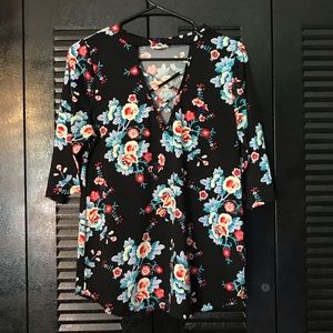 Black Floral Crisscross Neck Blouse
